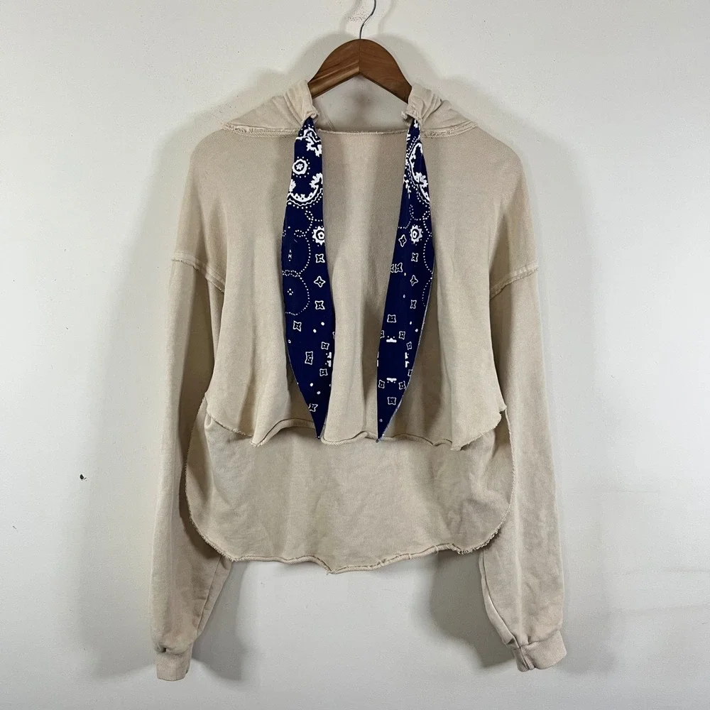 Free People Backyard Hoodie Ecru Combo Cropped Womens Size Small